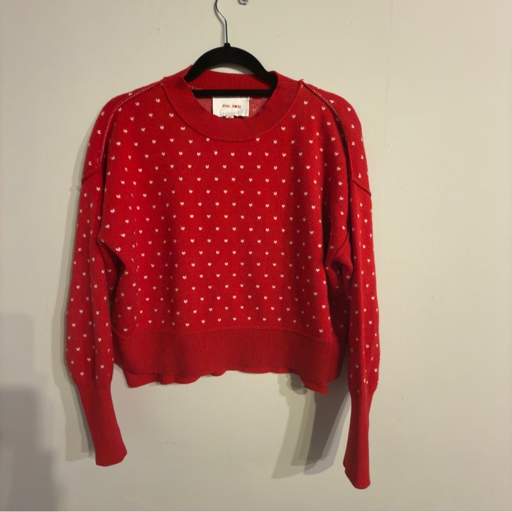Pink Rose Red Sweater with Heart Pattern